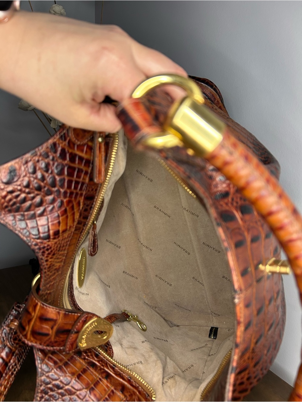 Brahmin Melbourne Elise Pecan Croc Embossed Satchel Bag - Picture 12 of 13